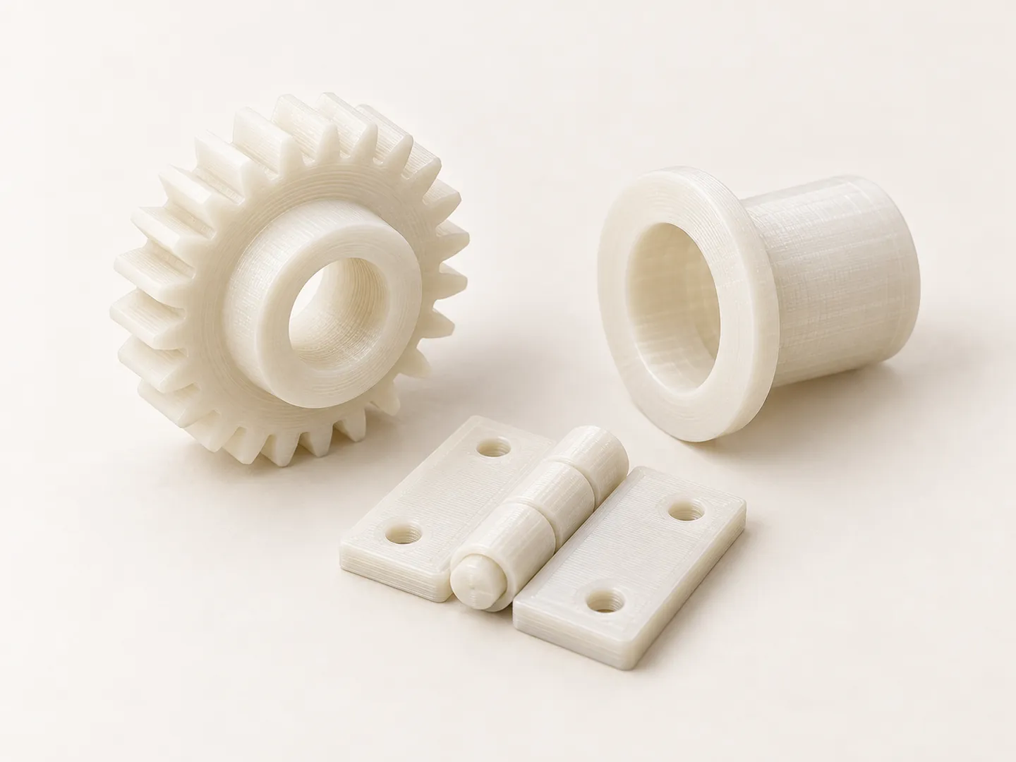 3D printed nylon gear, bushing and hinge
