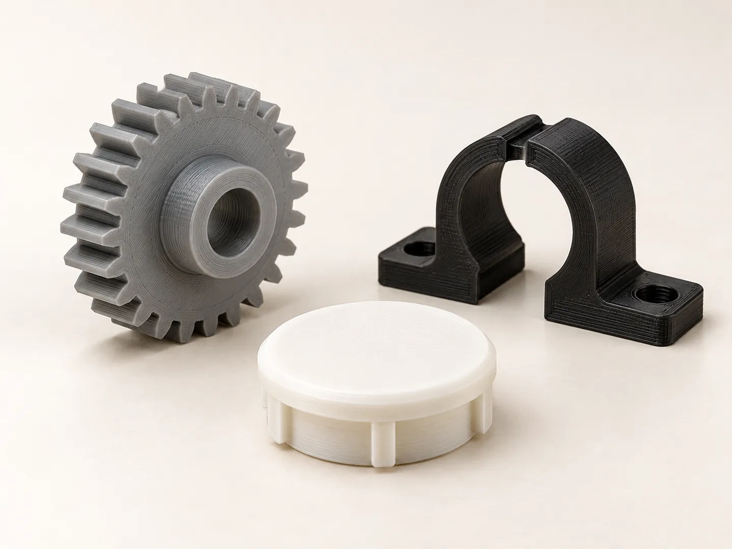 3D printed gear, clamp and cap as spare parts
