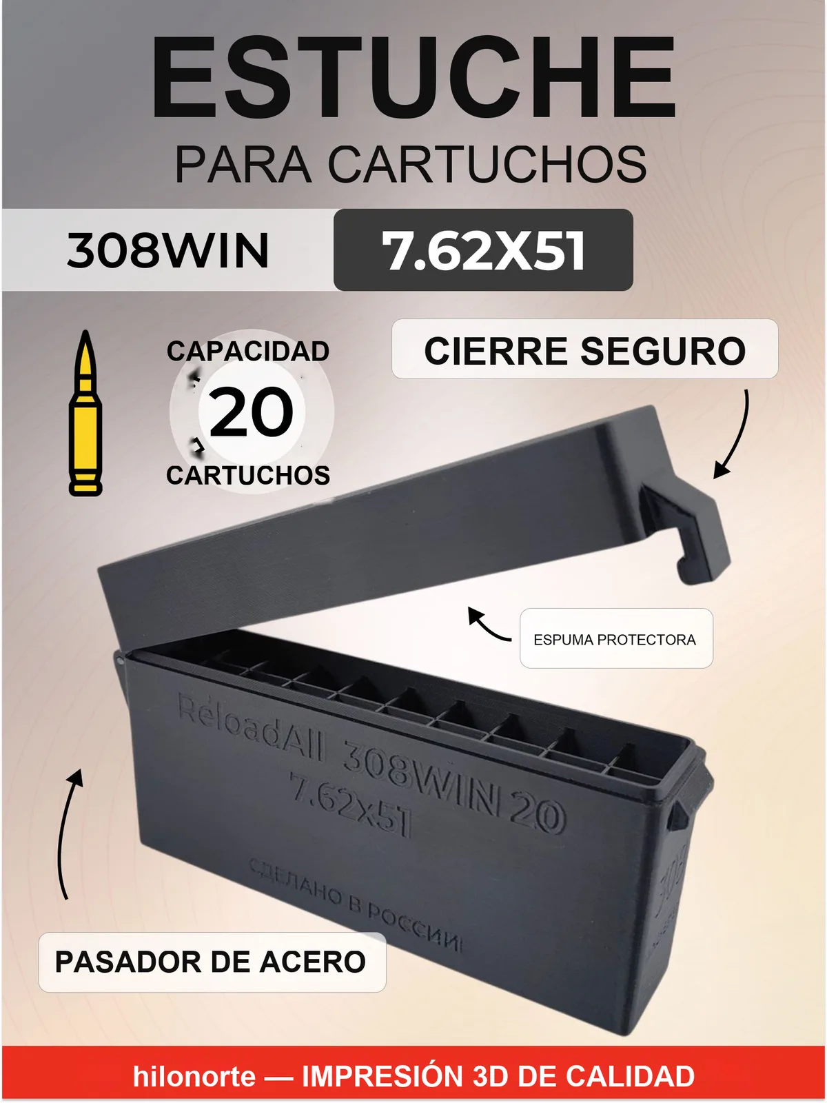 Caja para 20 cartuchos .308 Win (7,62×51), culote abajo