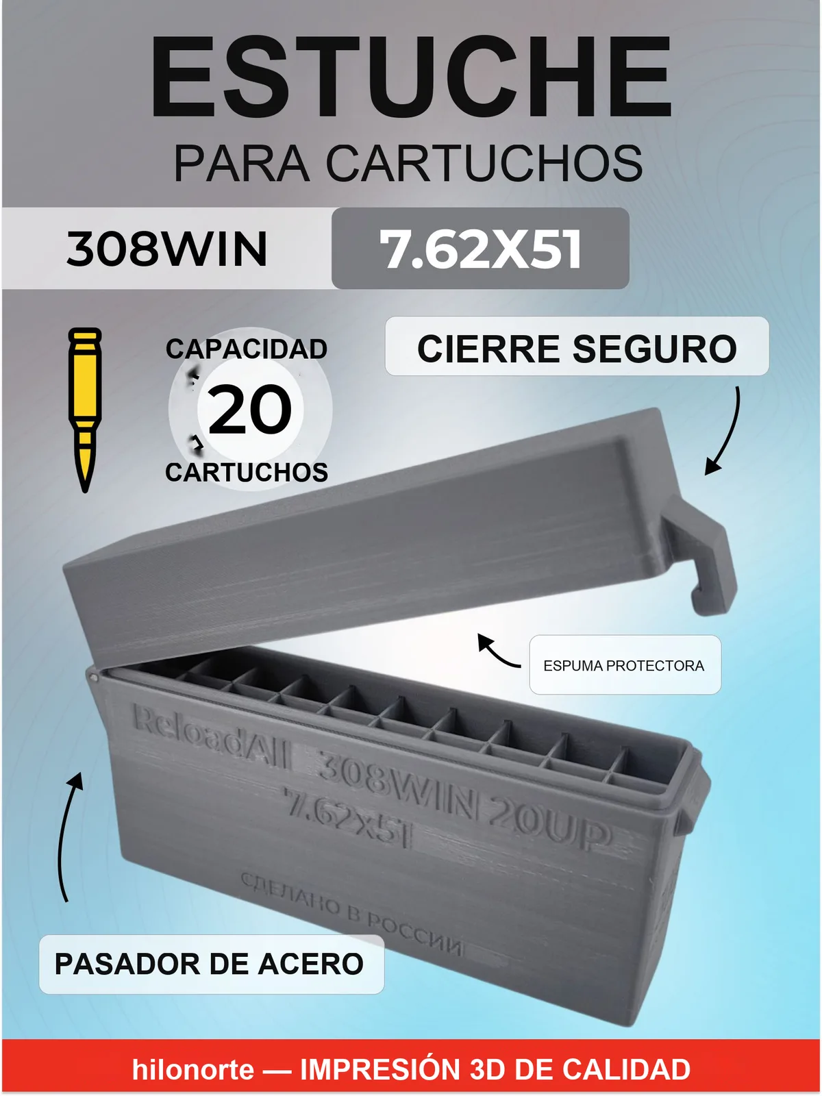 Caja para 20 cartuchos .308 Win (7,62×51), culote arriba