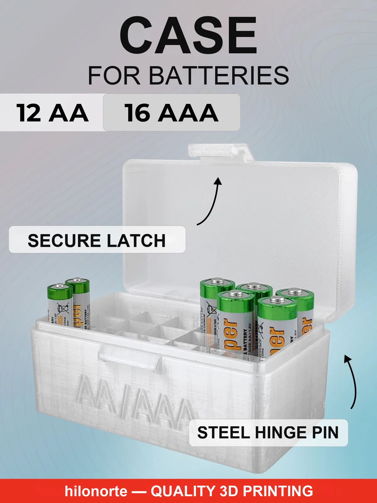 Organiser box for 12 AA and 16 AAA batteries