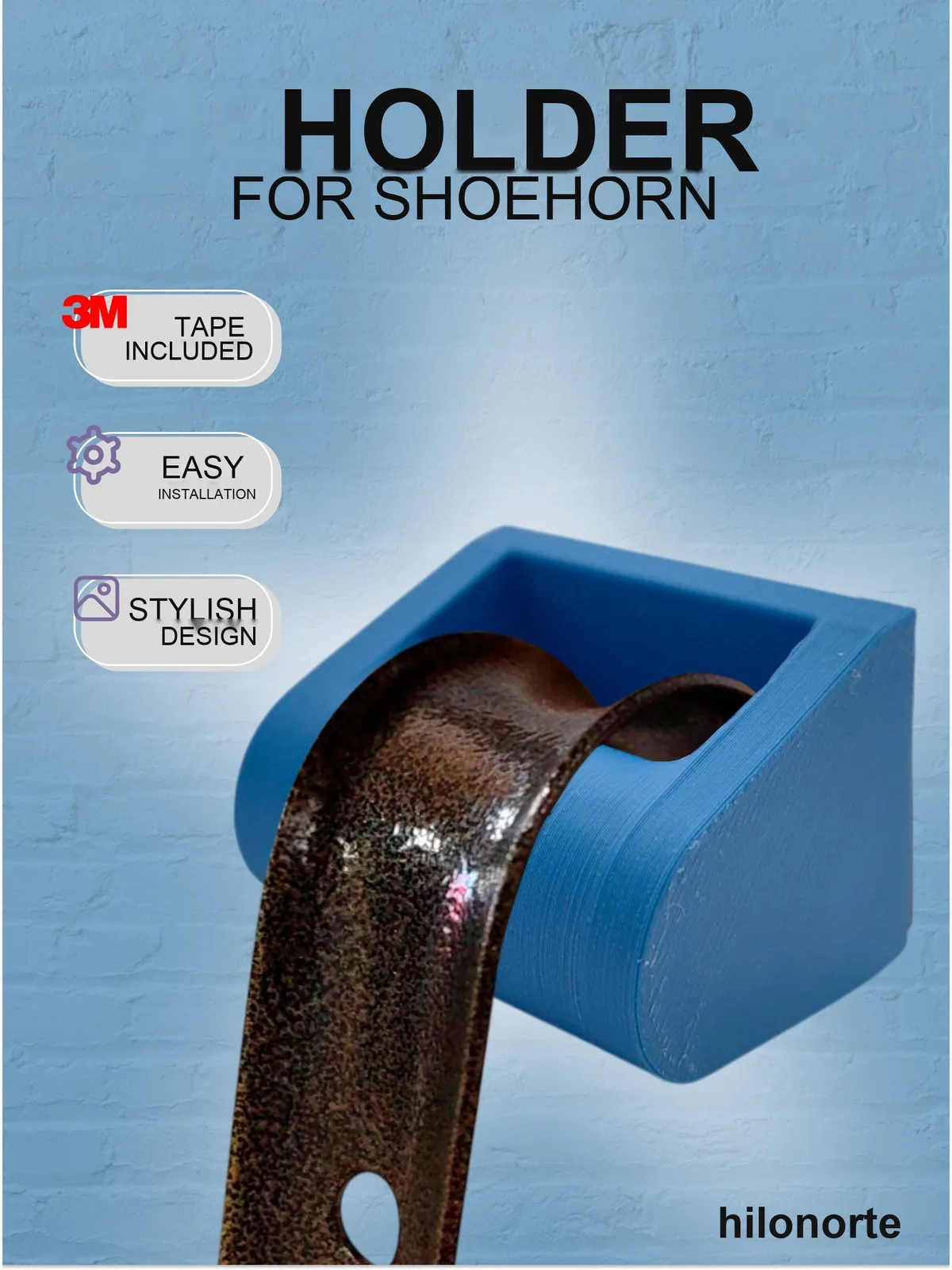 Wall holder for a shoehorn, with 3M adhesive tape
